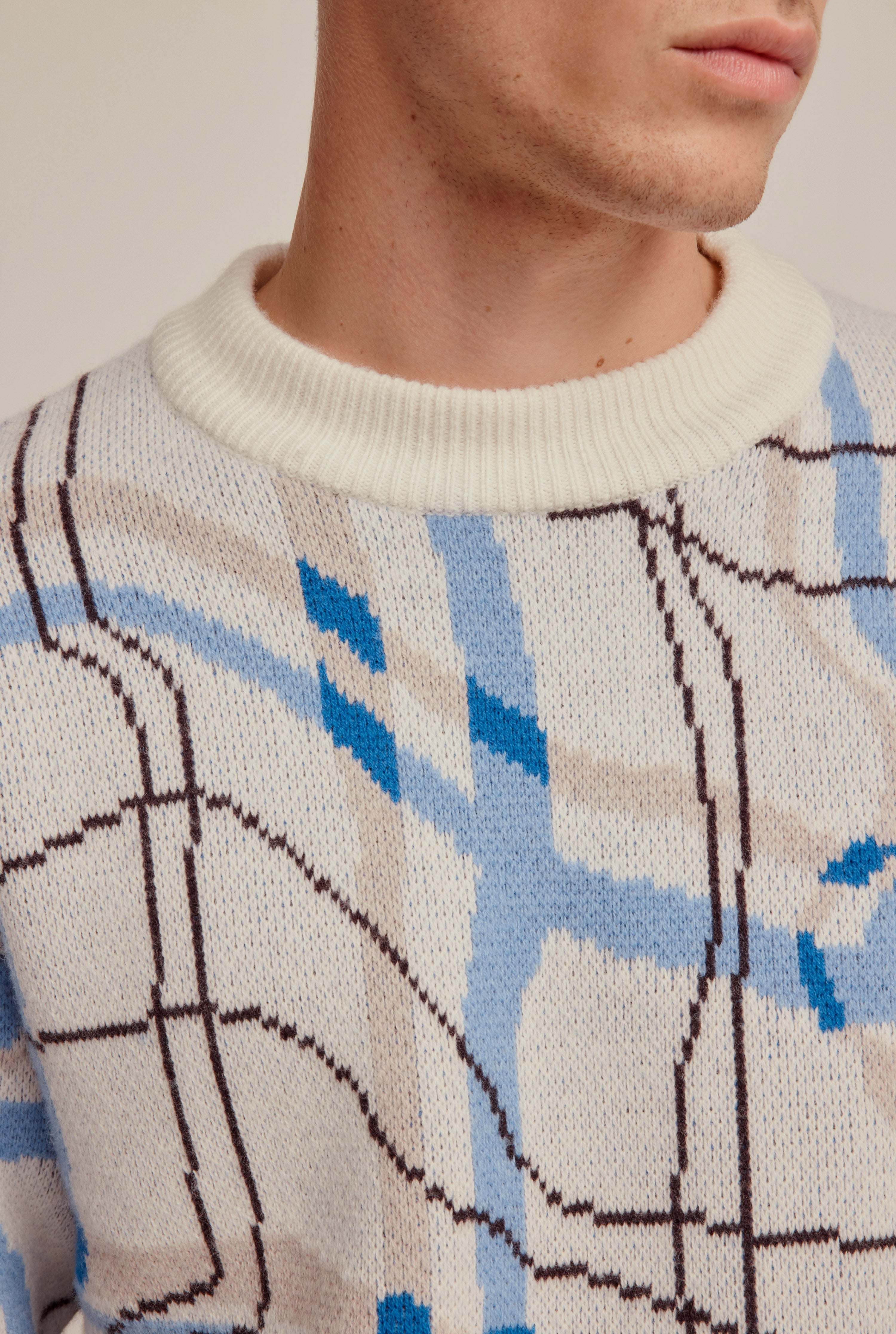 Wool Warped Check Intarsia Sweater - Off White/Blue Check