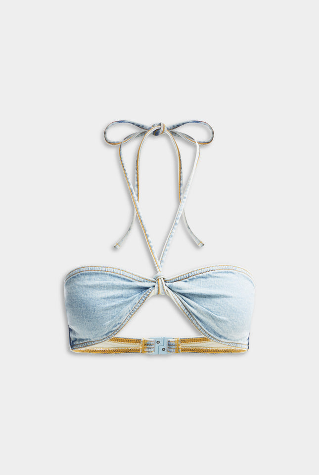 Denim Halter Bandeau Bikini - Washed Denim