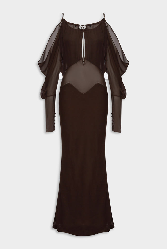 Silk Off Shoulder Column Maxi Dress - Dark Chocolate