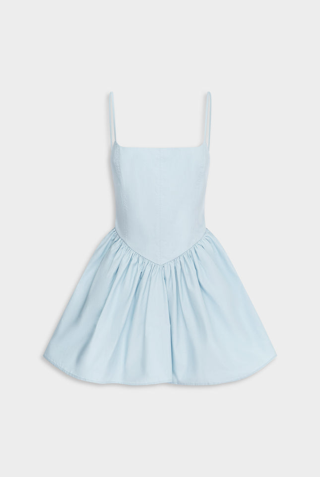 V Waist Cotton Mini Dress - Powder Blue