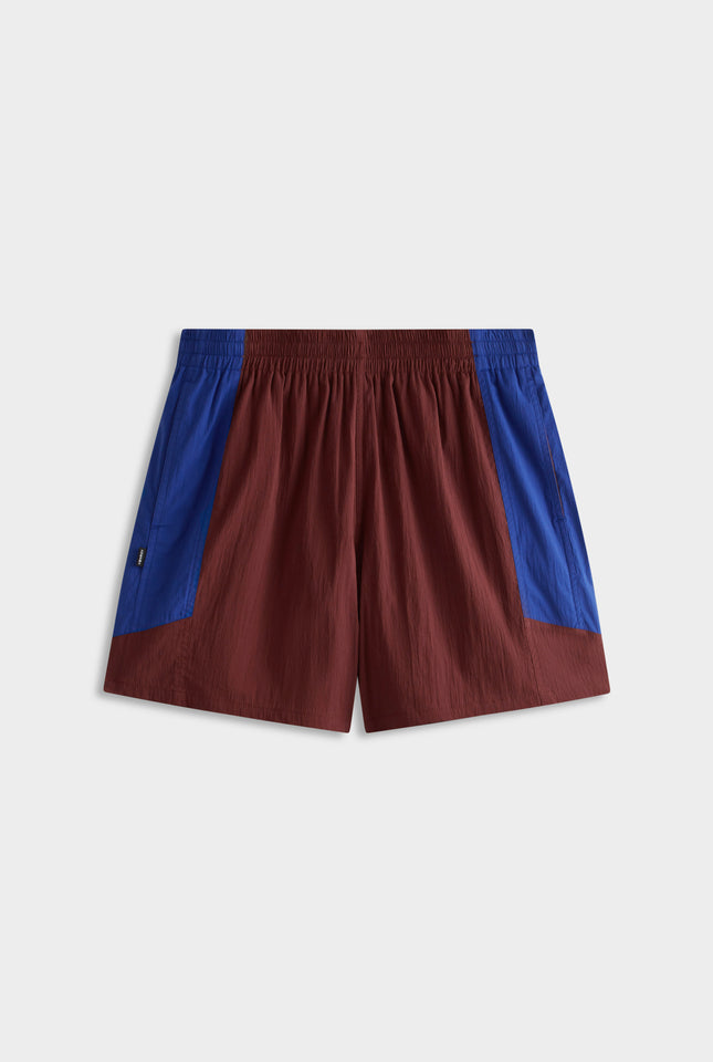 Panelled Nylon Track Short - Mahogany Brown/Sapphire Blue