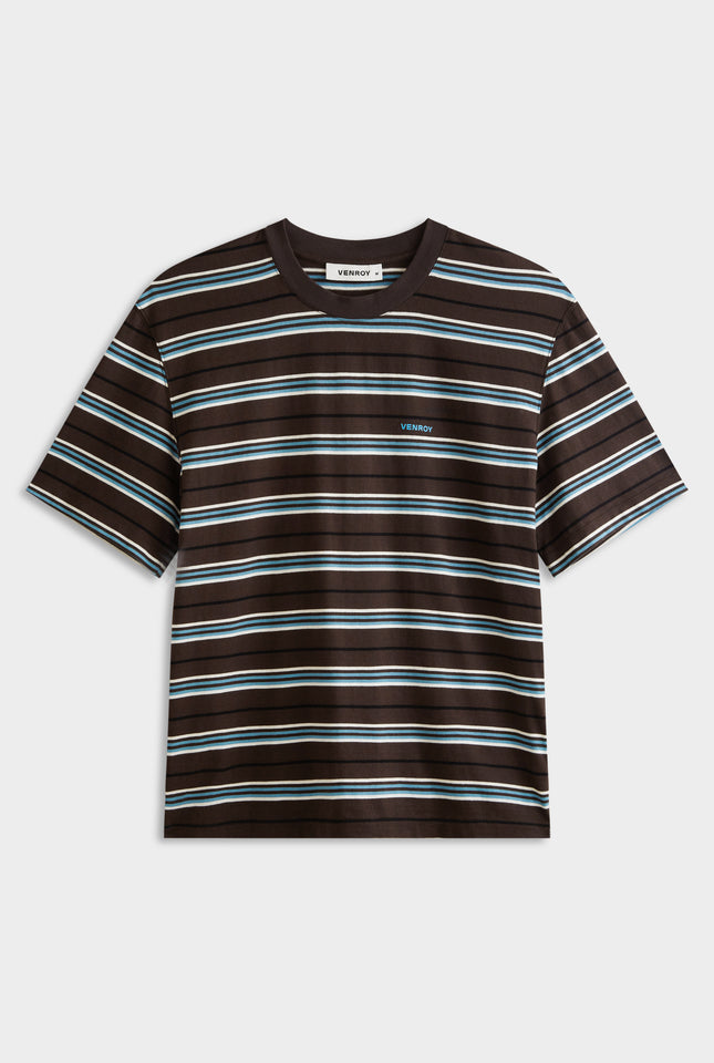 Striped T Shirt - Chocolate/Cream/Cerulean Blue Stripe