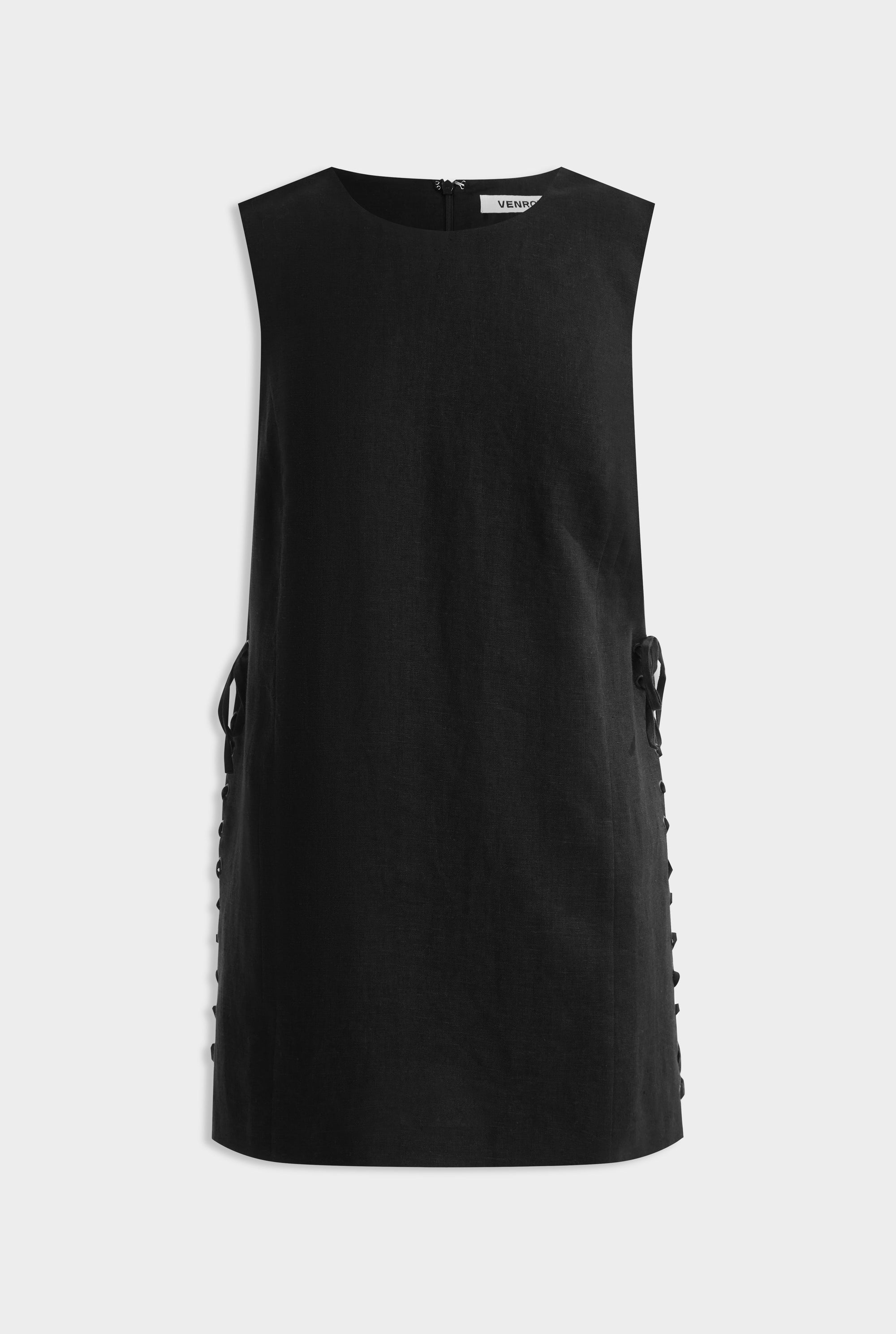 Linen Lace Up Mini Dress -  Black