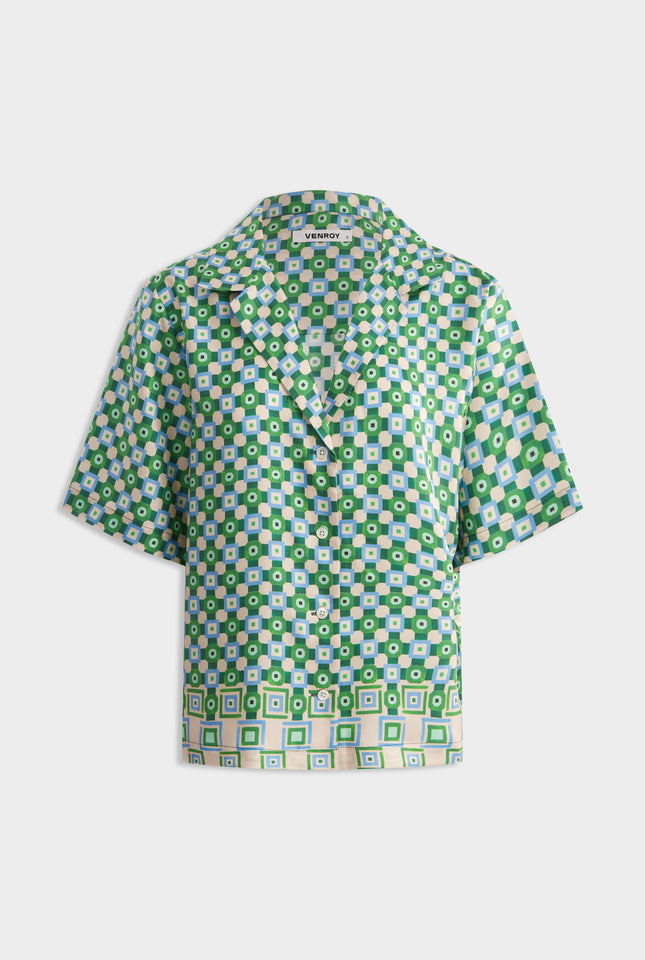 Relaxed Silk Camp Collar Shirt -  Blue/Green Geo