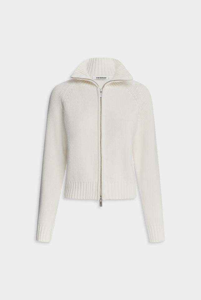 Cotton Funnel Neck Zip Up Sweater - White