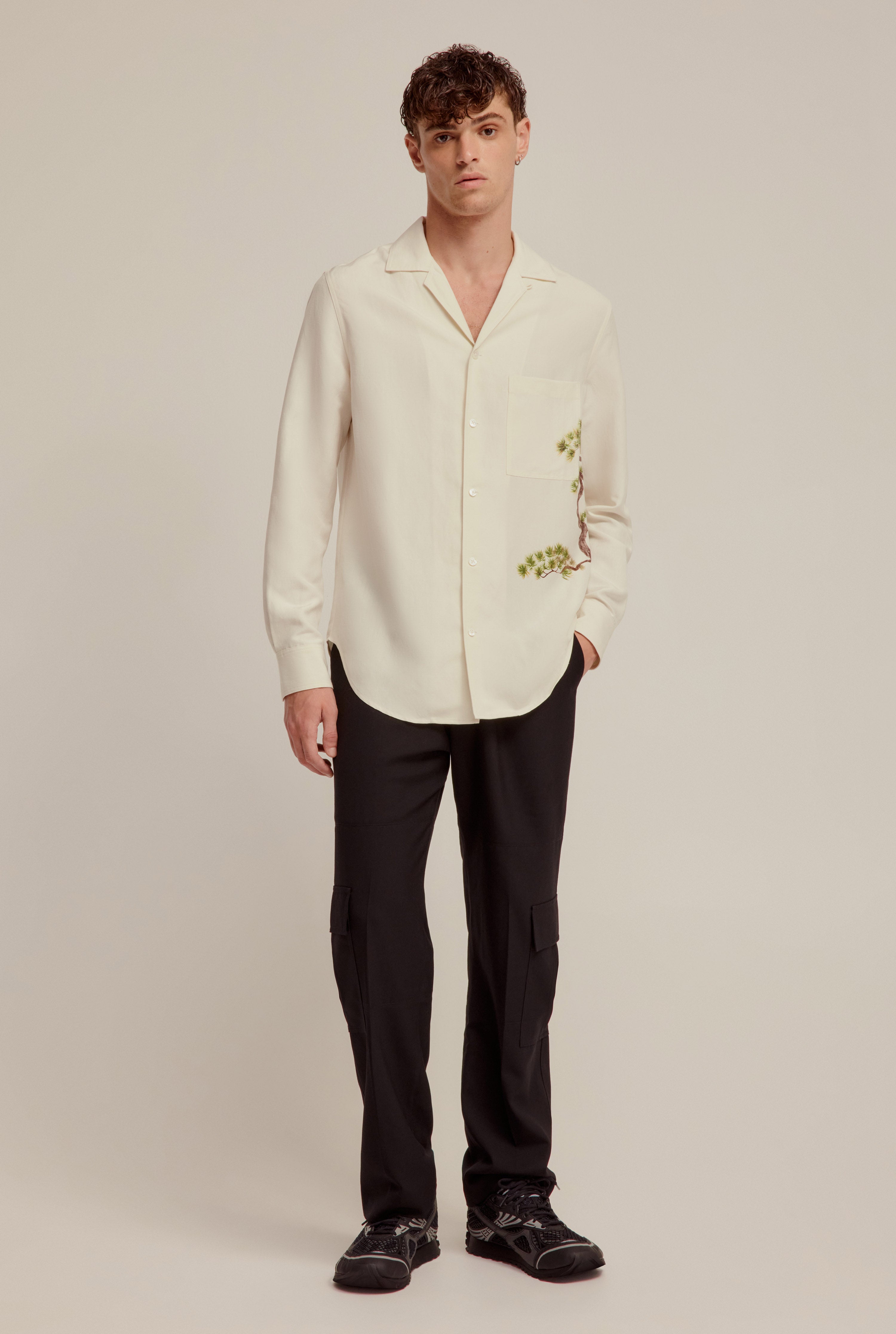 Printed Long Sleeve Silk Linen Camp Collar Shirt - Cream Bonsai