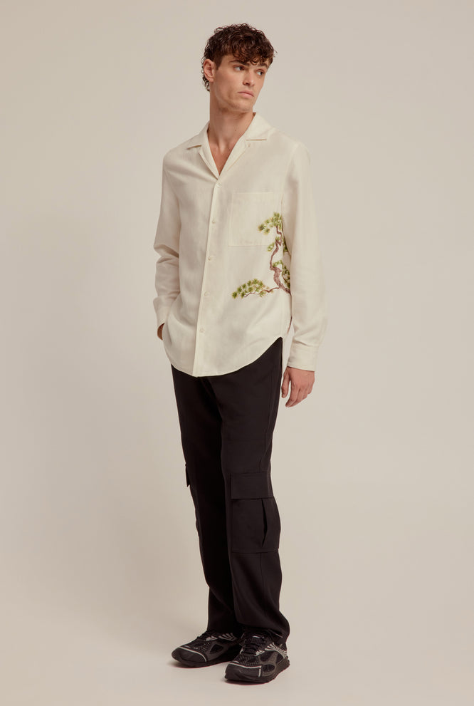 Printed Long Sleeve Silk Linen Camp Collar Shirt - Cream Bonsai