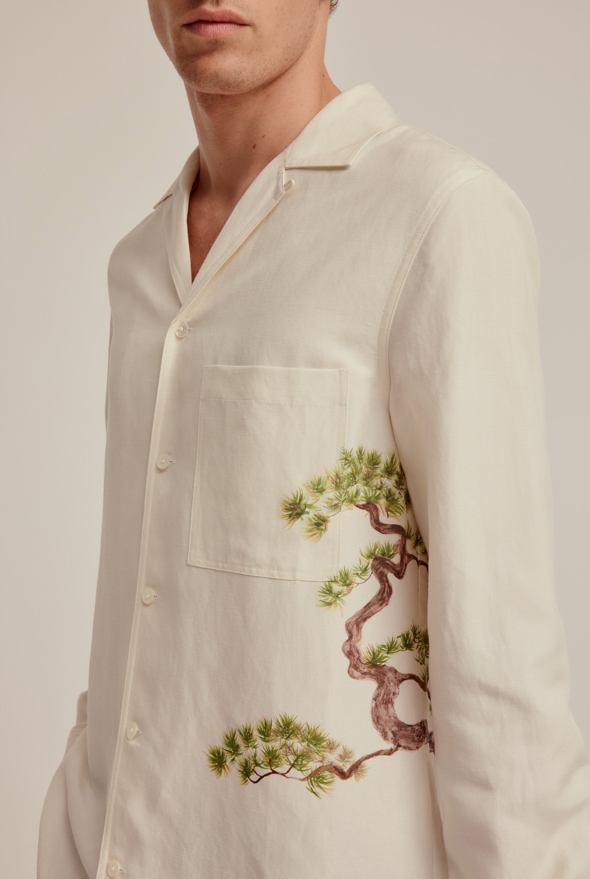 Printed Long Sleeve Silk Linen Camp Collar Shirt - Cream Bonsai