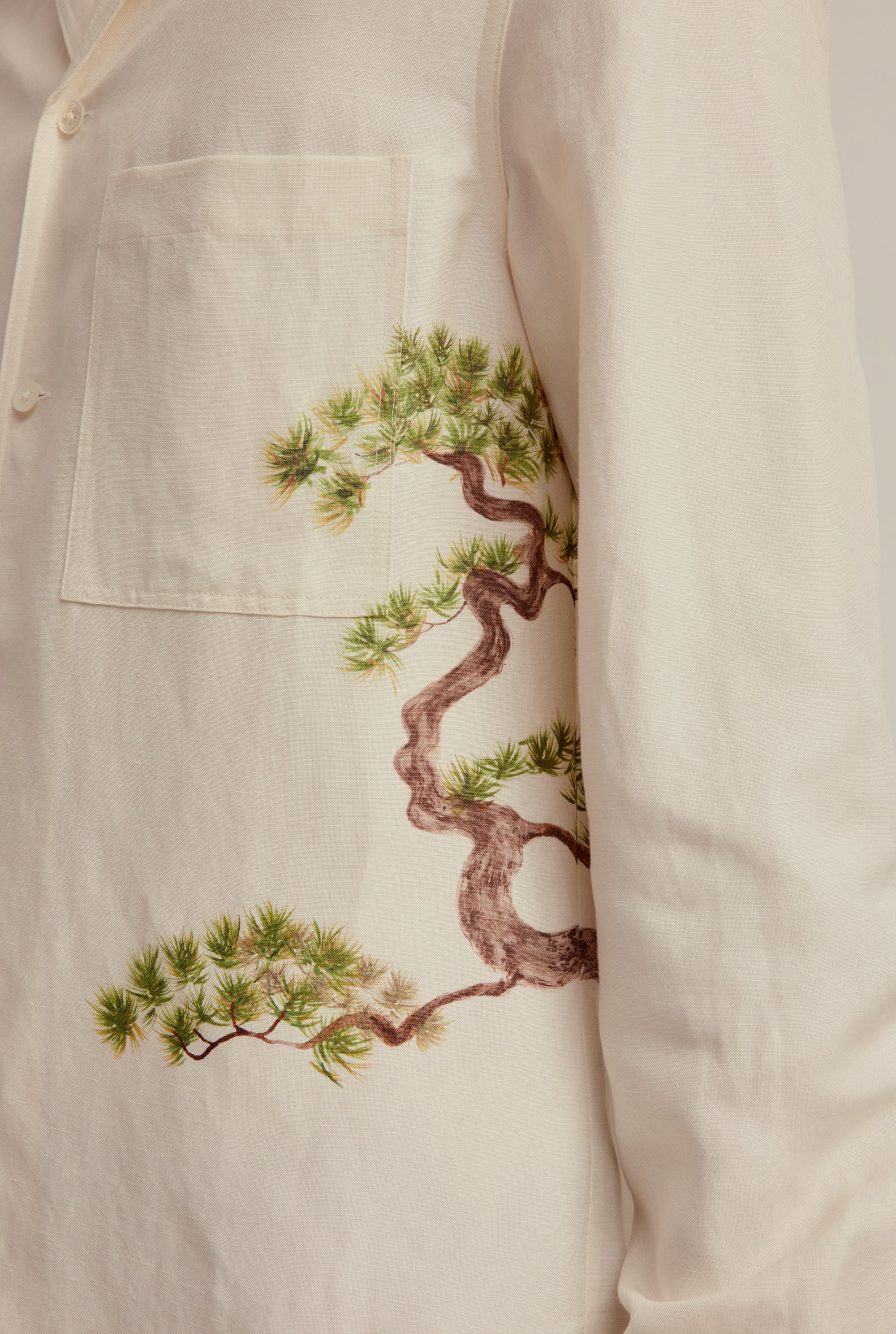 Printed Long Sleeve Silk Linen Camp Collar Shirt - Cream Bonsai