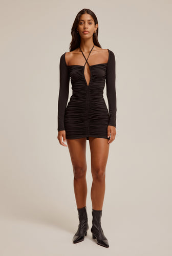 Long Sleeve Ruched Jersey Mini Dress - Black