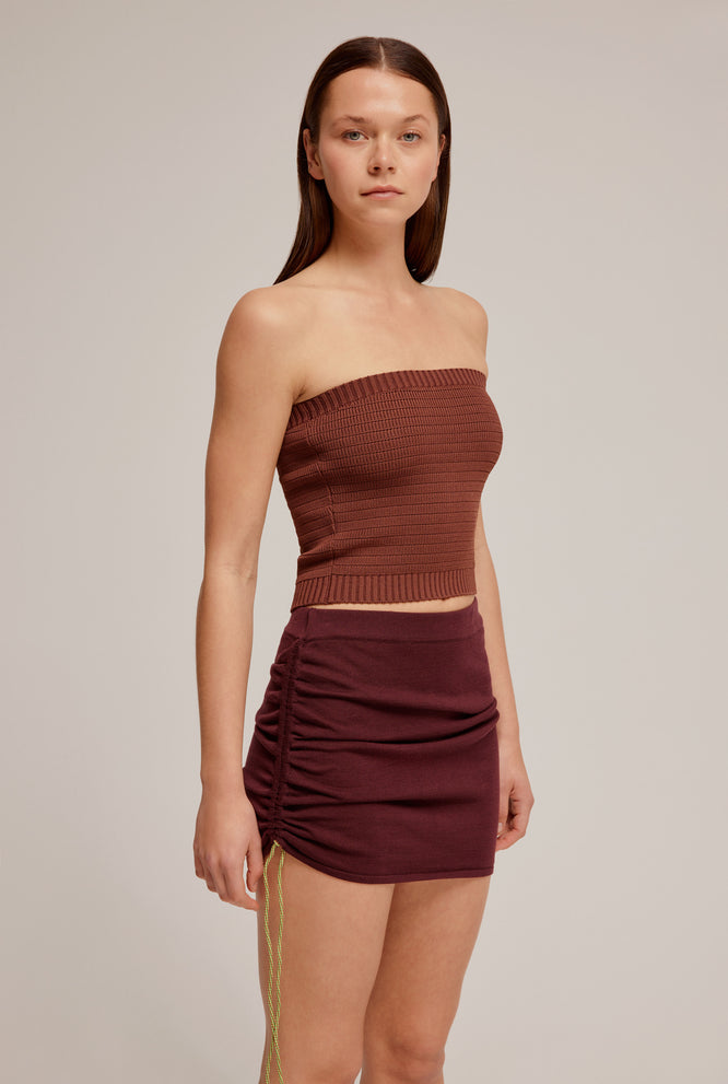 Drawstring Knit Mini Skirt - Plum