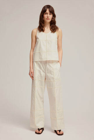 Panelled Cotton Crochet Stitch Pant - Antique White