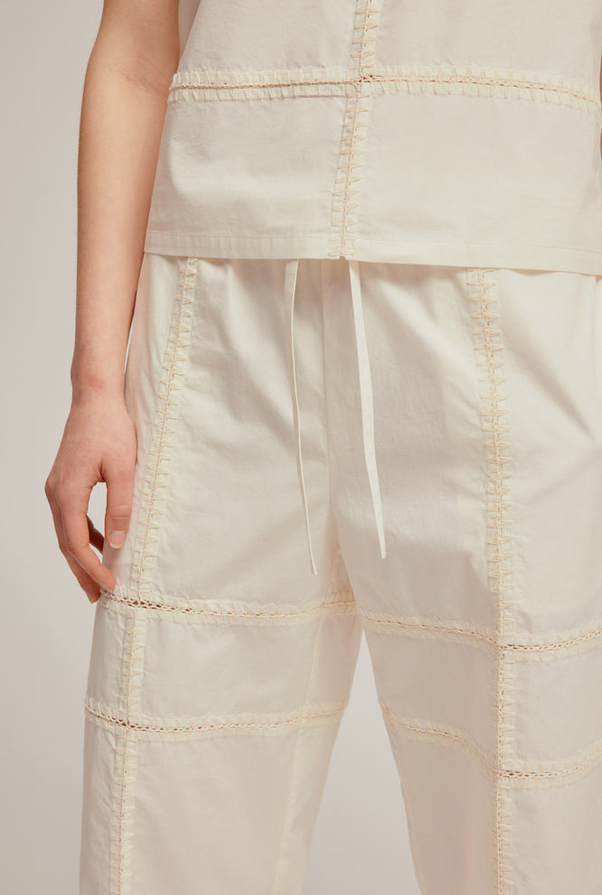 Panelled Cotton Crochet Stitch Pant - Antique White