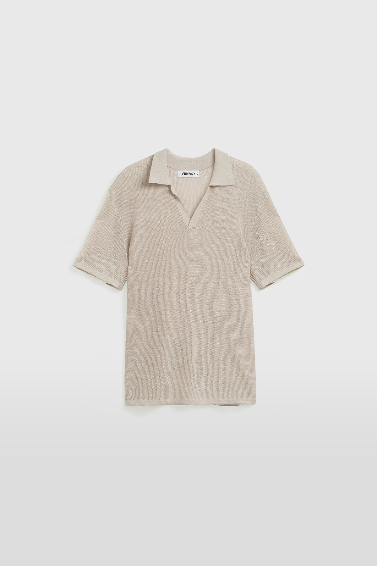 Rib Knit Open Neck Polo - Taupe