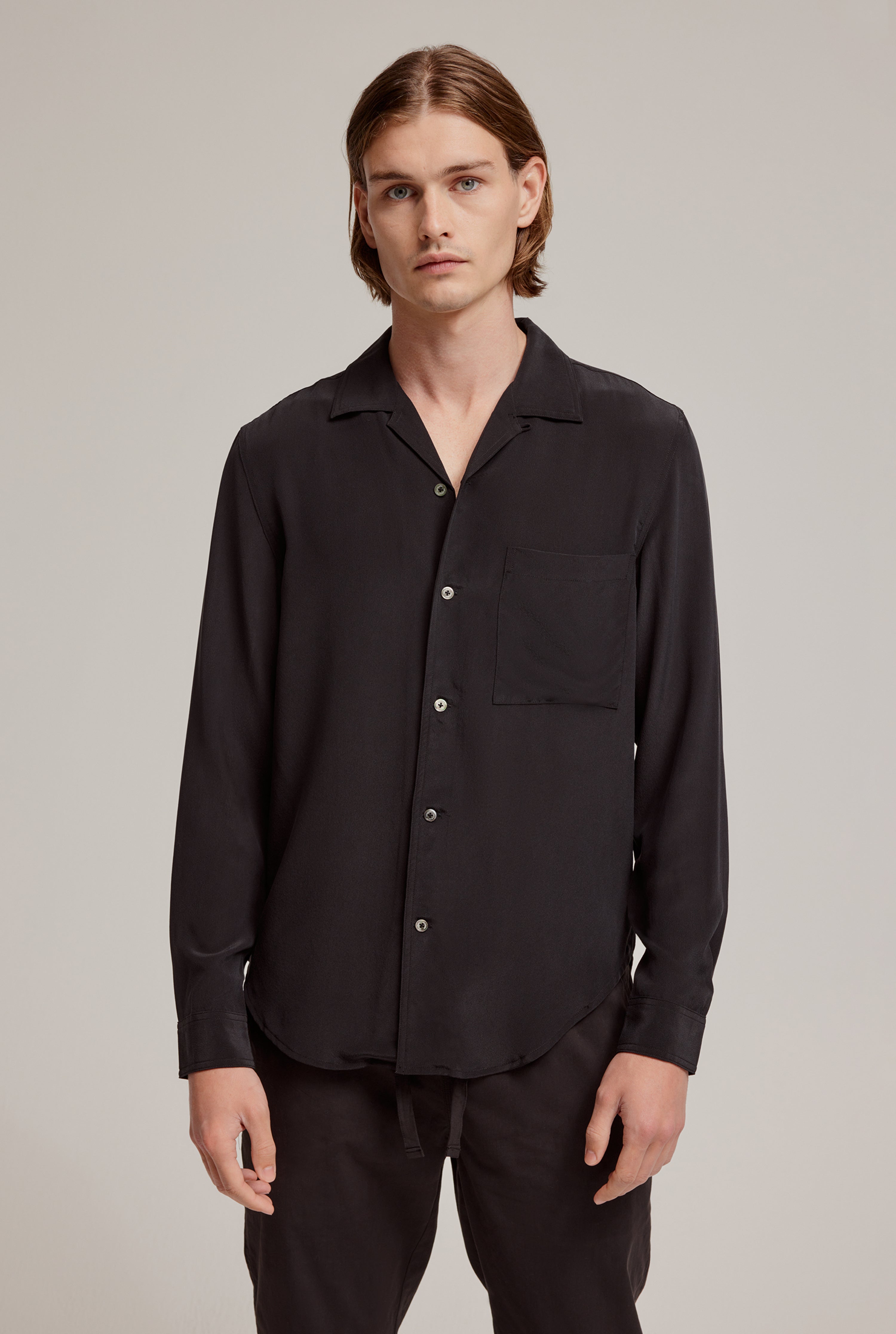 Original Long Sleeve Silk Camp Collar Shirt - Black